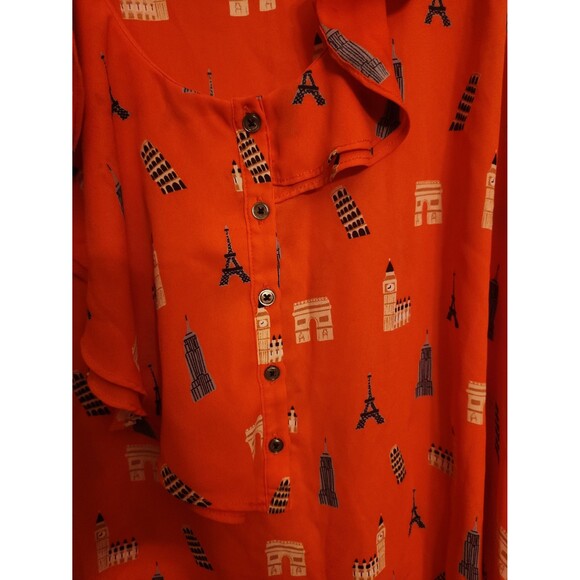 Maeve by Anthropologie Orange Sleeveless Top Ruffles & Famous Buildings Size 12 - Picture 5 of 11